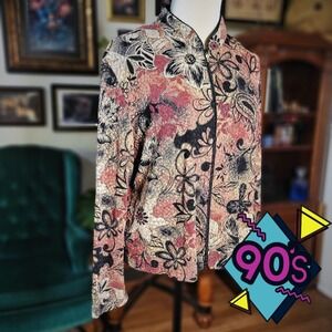 Vintage 90s R&M RICHARDS Womens Beige Black Floral Zip Up Blouse - Size 18